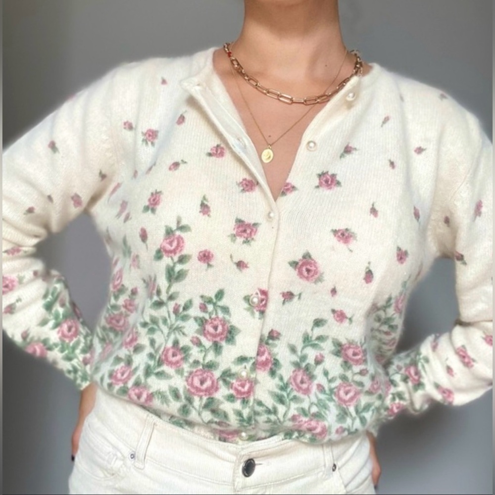Angora rabbit hair bergdorf Goodman cardigan with pearl buttons